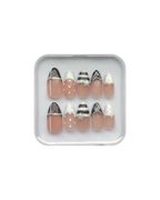 Set of espresso brown and baby blue french tip press on nails in a clear plastic case on a white background. White and blue polka dot detailing, stripes on middle finger, and plaid designs on ring fingers. Pearl star and silver gem detailing. 