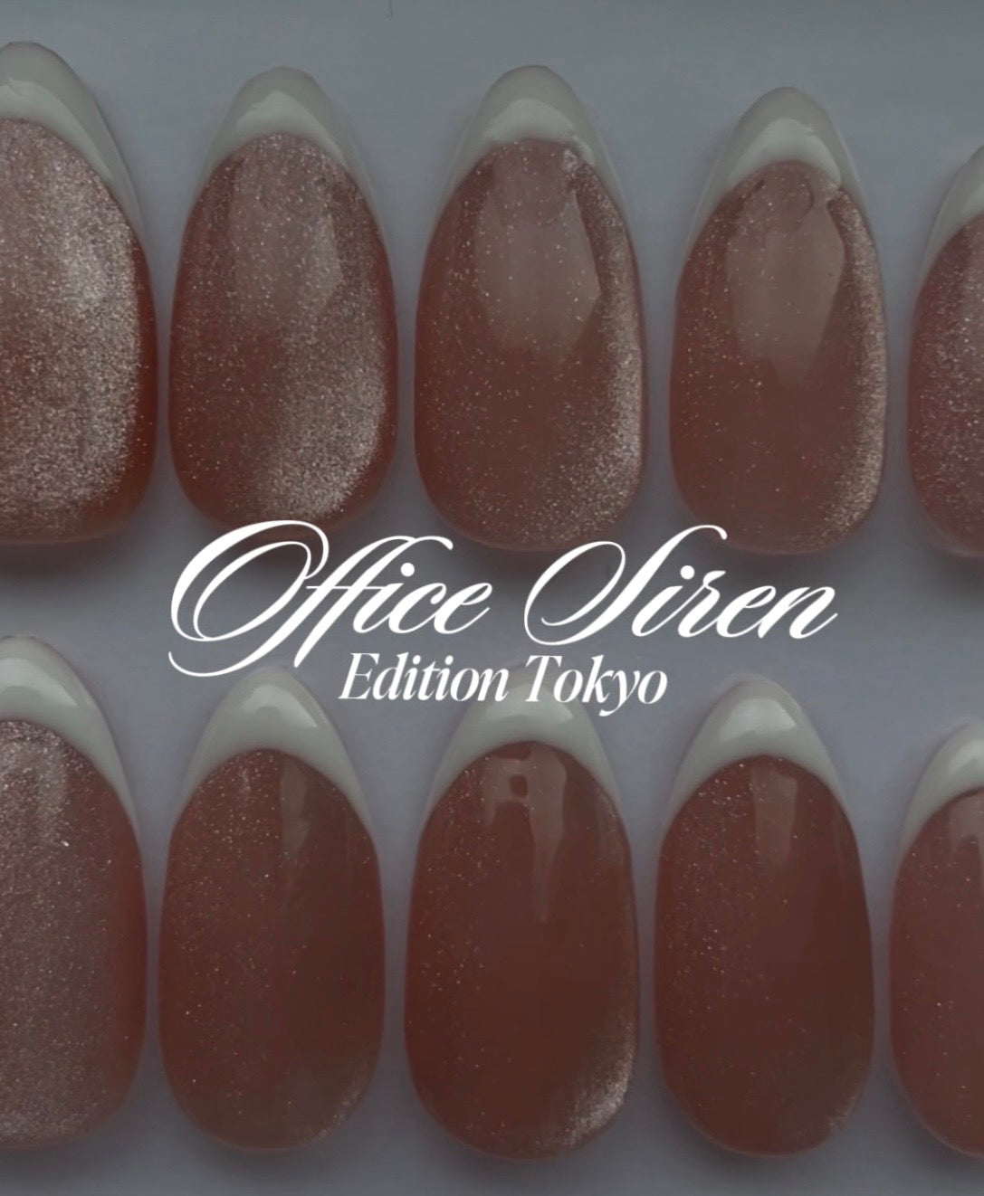 Nail polish swatches with a cat eye effect on a white background, featuring the 'Office Siren Edition Tokyo' brand.