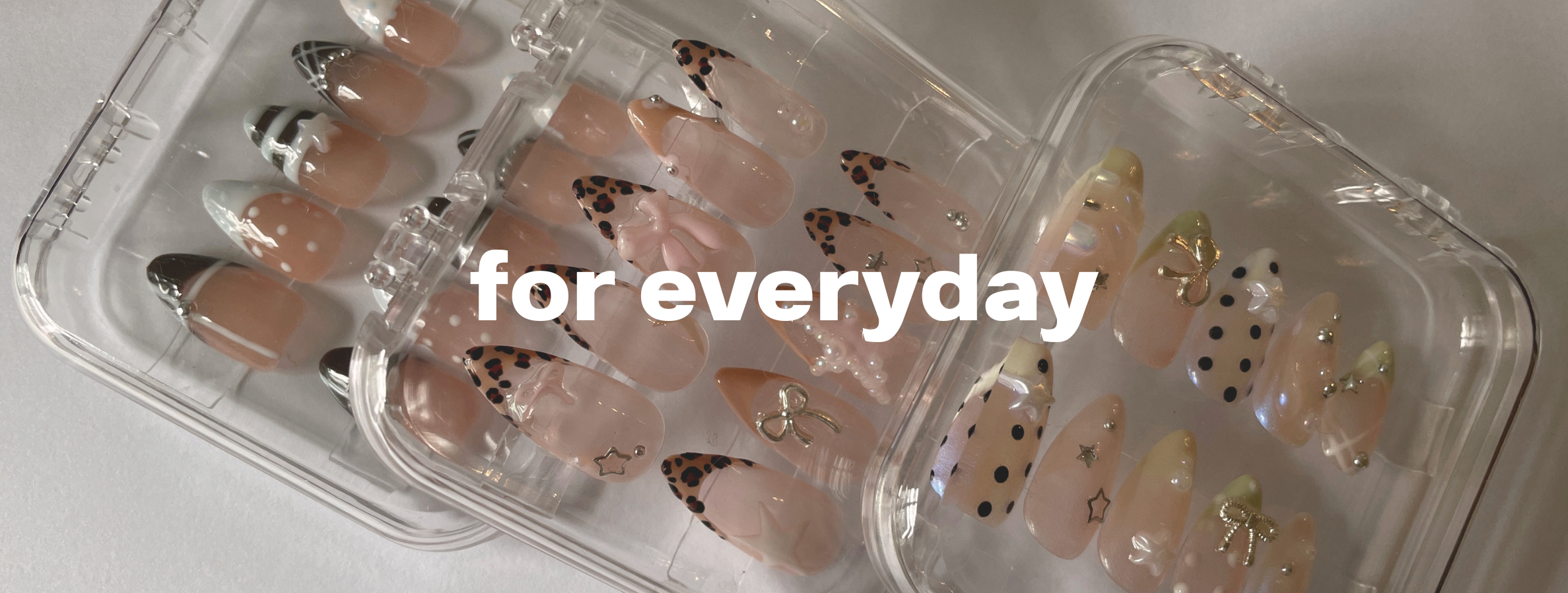 Jelly Press on Nails: 3 sets, Mail Club (Espresso brown and pale blue french tip nails), 2AM Rebrand (Pink leopard jelly nails with silver and pearl detailing), Happy Hour (Light green, pearl, and silver detailing). 