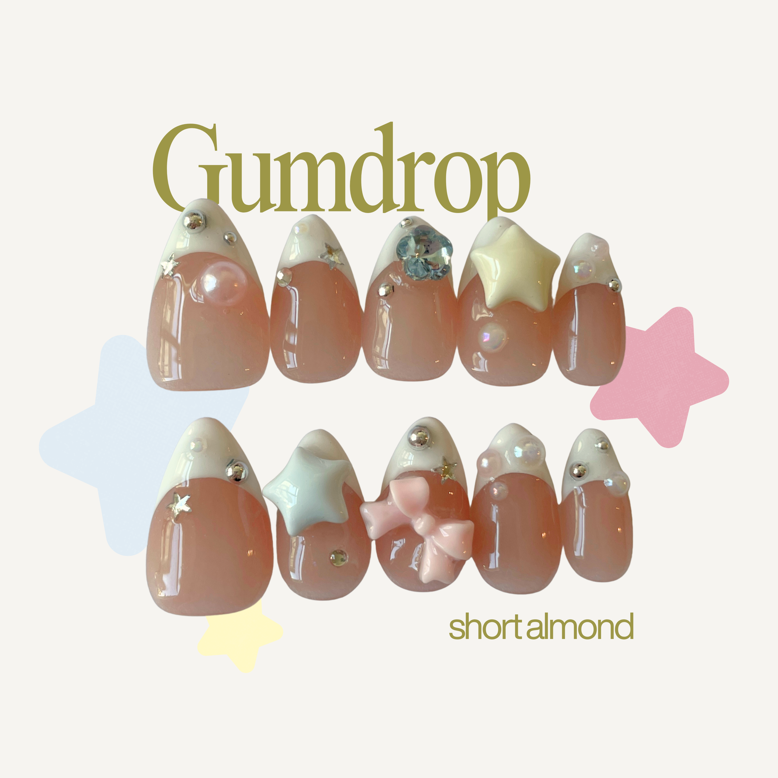 Nail art display with 'Gumdrop' and 'short almond' text on a white background