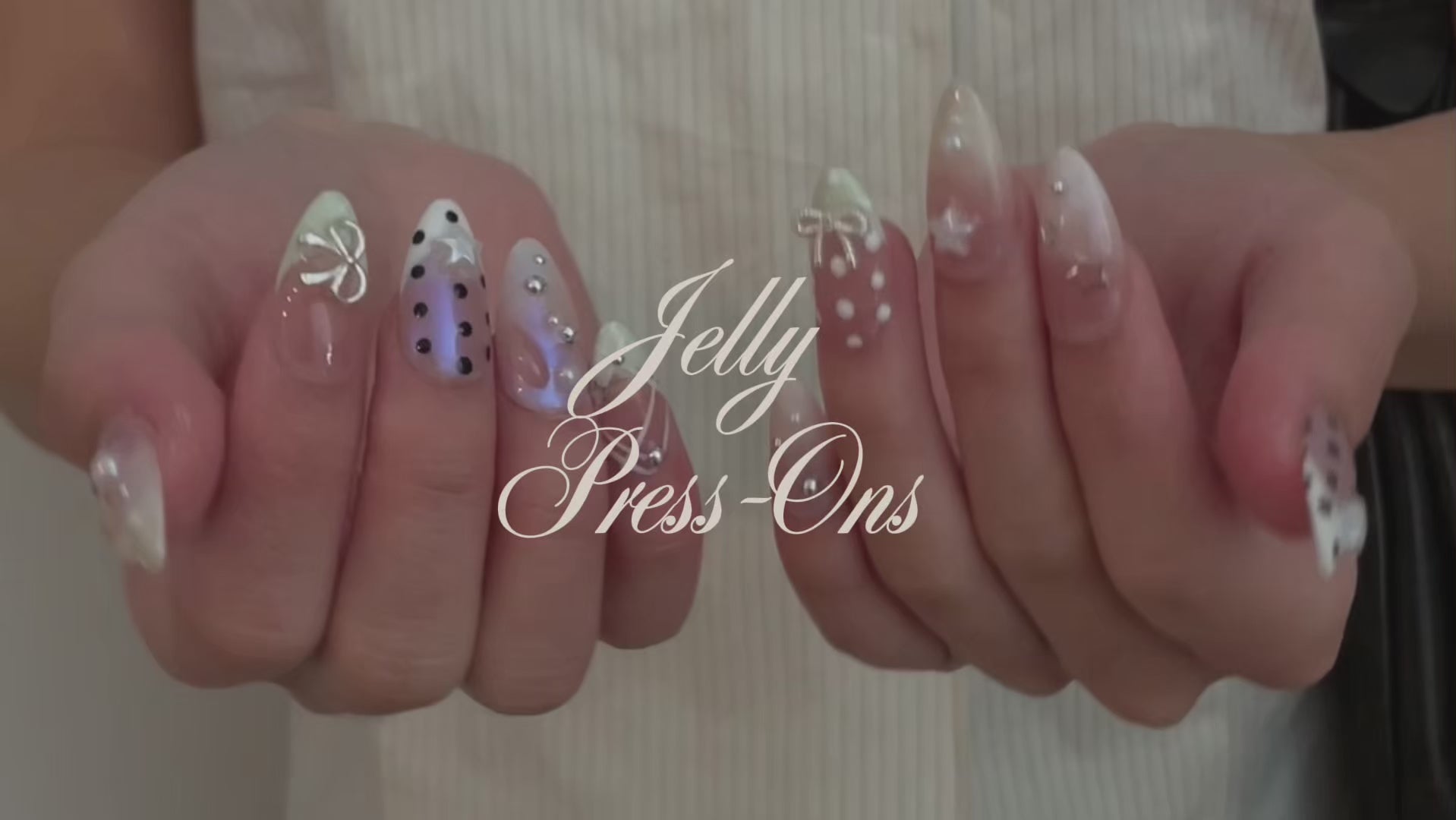 "Happy Hour" Jelly Press-On Nails. Translucent Press on Nails with light green, white, pearl stars, pearls, silver detailing. French tips and ombres as base detailing. 